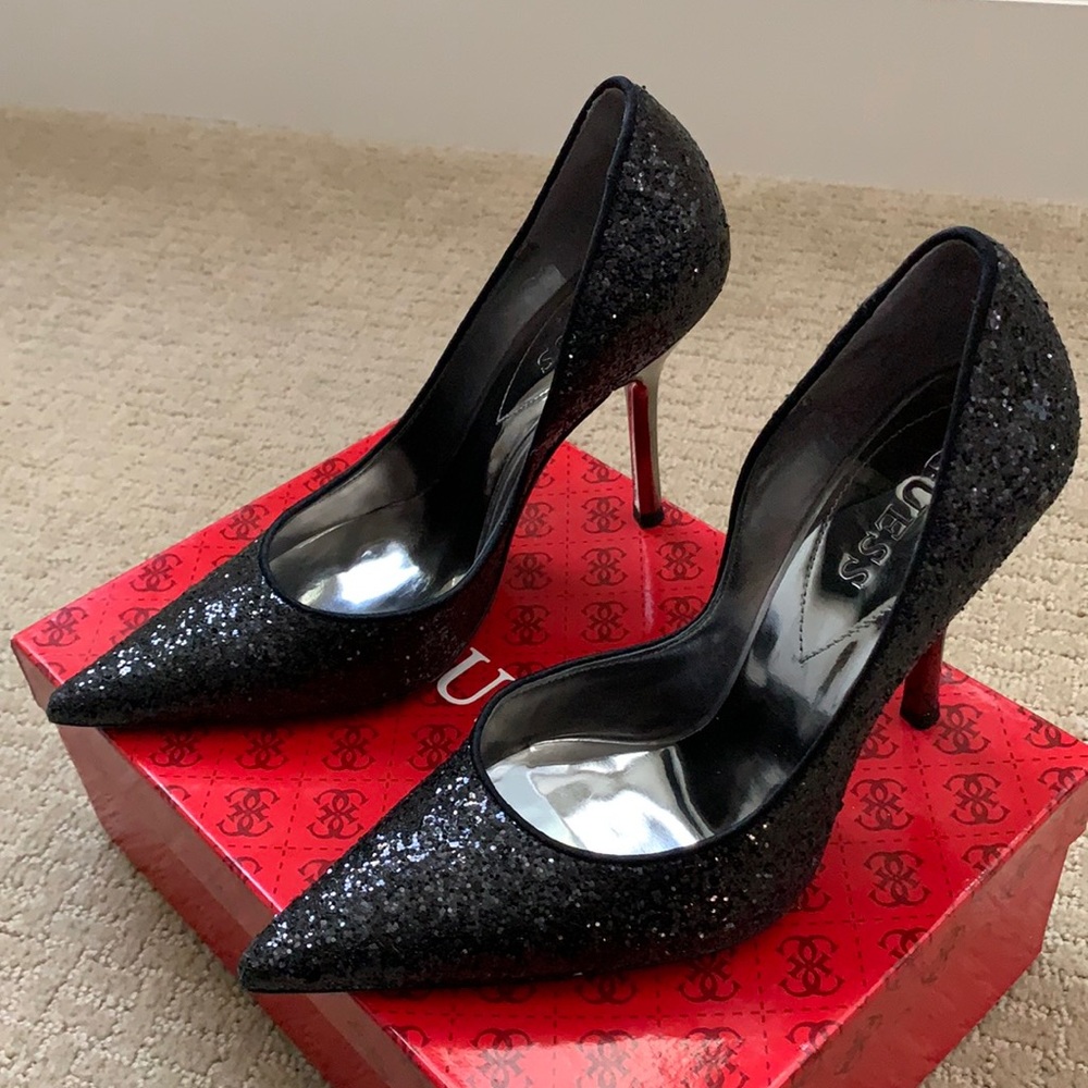 Guess Black Glitter Heels (Used Like New), Black Color, Size 6.5